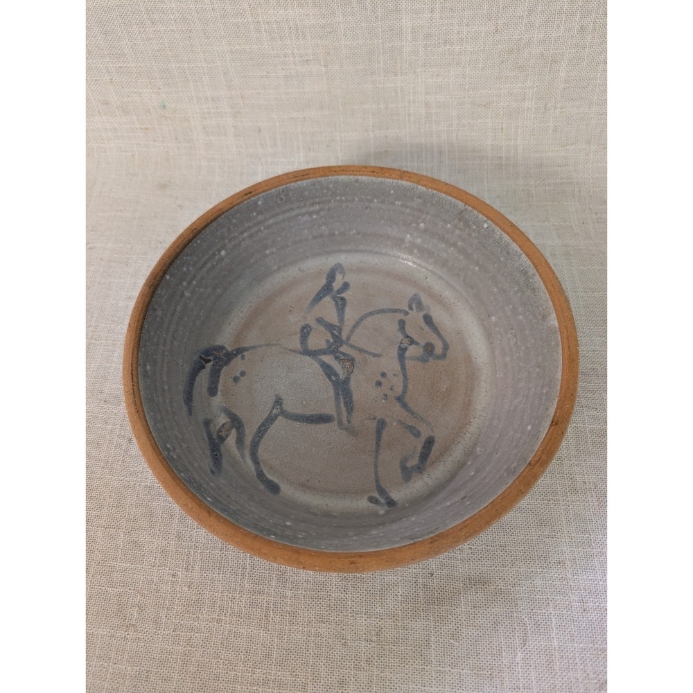 Vintage Hand Painted Decorative Clay Bowl Horse & Rider  9" x 2.25"